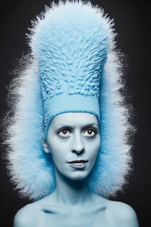 Prompt: studio portrait of woman that looks excactly like marge simpson, lookalike, as if marge simpson came to life, soft light, black background, fine details, close - up, award winning photo by martin schoeller