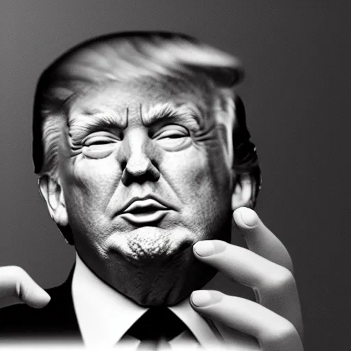 Prompt: a realistic portrait of Donald Trump with tiny hands, black and white photograph, hands are waving