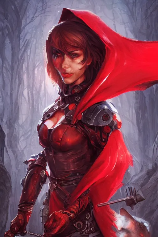 Image similar to cyborg red riding hood, d & d, fantasy, portrait, highly detailed, headshot, digital painting, trending on artstation, concept art, sharp focus, illustration, art by artgerm and greg rutkowski and magali villeneuve