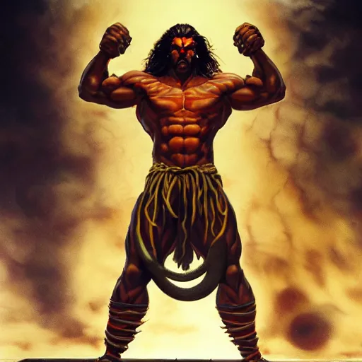 Image similar to jason momoa as dhalsim street fighter, ultra realistic, concept art, intricate details, highly detailed, photorealistic, octane render, 8 k, unreal engine, art by frank frazetta, simon bisley, brom