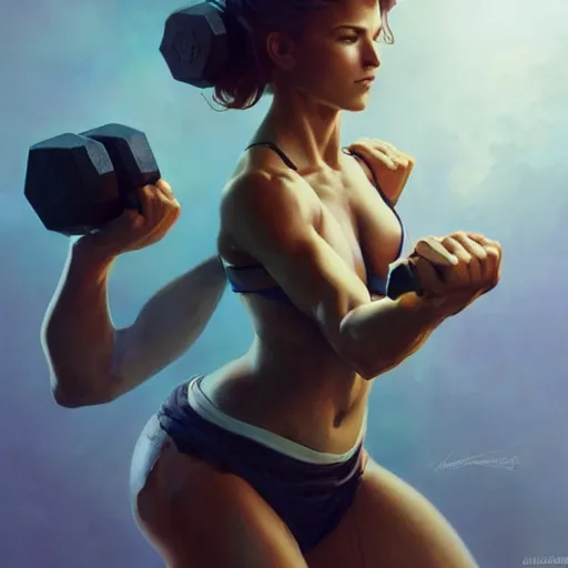 Prompt: Dumbbell, box art, highly detailed, digital painting, artstation, concept art, smooth, sharp focus, illustration, art by artgerm and greg rutkowski and alphonse mucha