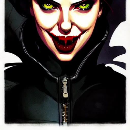 Image similar to rafael albuquerque comic art, peter mohrbacher, steve niles, artgerm, pretty scarlett johansson vampire sharp vampire teeth open mouth, symmetrical eyes, black leather jacket, jeans, long blonde hair