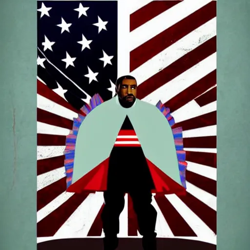 Image similar to Russian Propaganda Soviet illustrated poster of Kanye West as President standing in front of a USA America flag