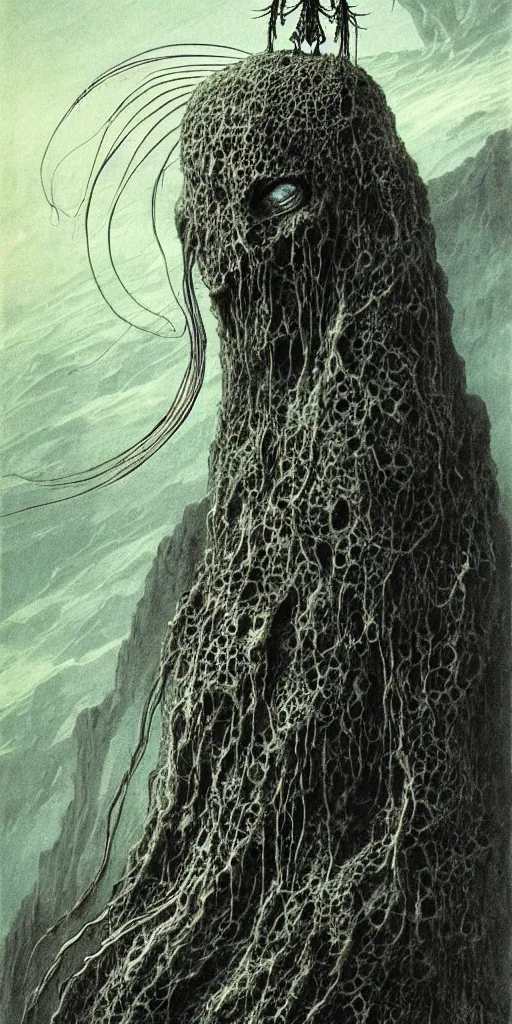 Image similar to A detailed lonely tesla roboalien with jellyfish head stands among the mountains. Wearing a ripped mantle, robe. Perfect face, colossal scale, extremely high details, realistic, fantasy art, solo, masterpiece, art by Zdzisław Beksiński, Arthur Rackham, Dariusz Zawadzki