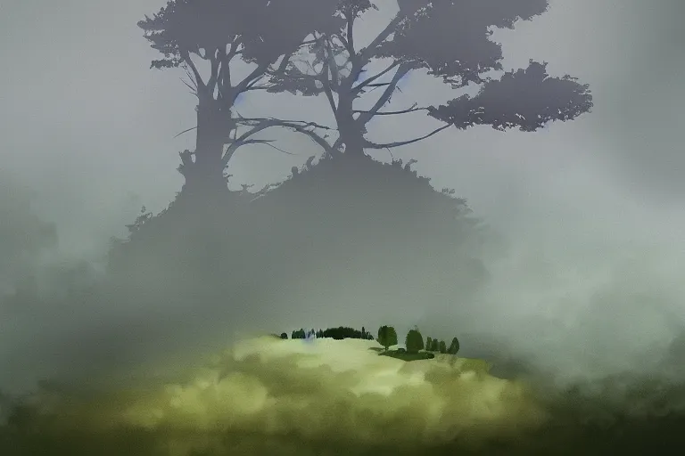 Image similar to mysterious floating island in the clouds above a forest, foggy, digital painting