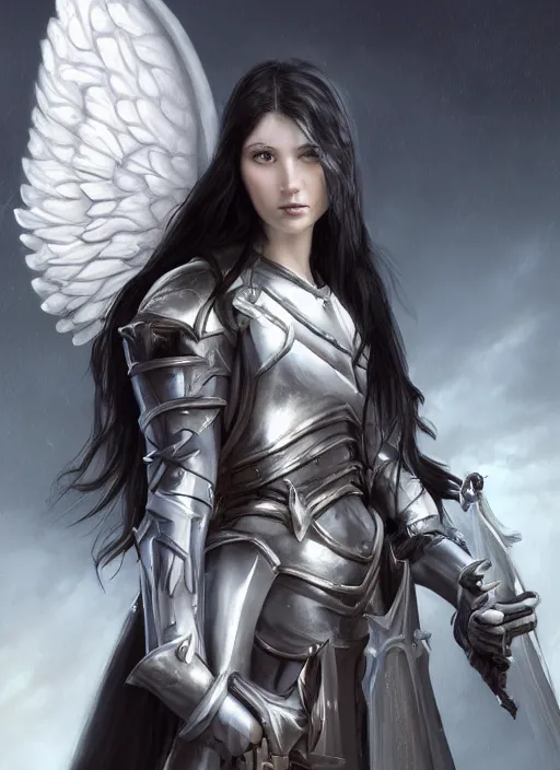 Prompt: An epic fantasy comic book style portrait painting of a pale girl with long black hair, she is wearing a knight armor, white angel wings, holding a sword, Unreal 5, DAZ, hyperrealistic, octane render, cosplay, RPG portrait, dynamic lighting