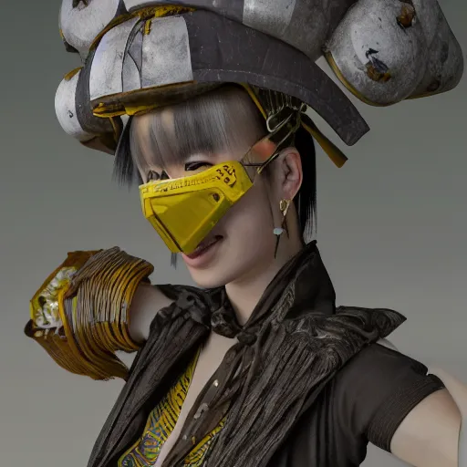 Image similar to japanese solarpunk model in a ceremony with extremely detailed respirators and head gear, inspired by die antwoord beautiful, hand painted textures, cloth physics, deviantart, karol bak, masamune shirow, black and white, beautiful kawaii lighting, photorealistic, concept art, perfect render, 3 d render, pixar, 8 k