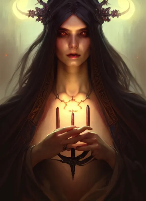 Image similar to Necromancer Sorceress, fantasy magic, undercut hairstyle, dark light night, intricate, elegant, sharp focus, illustration, highly detailed, digital painting, concept art, matte, art by WLOP and Artgerm and Greg Rutkowski and Alphonse Mucha, masterpiece