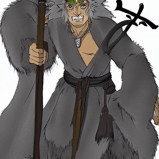 Image similar to A Half-orc Druid wearing a long grey fur robe, holding a wooden staff, anime style