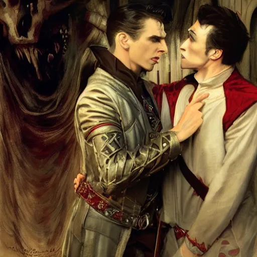 Image similar to attractive male, arthur pendragon confesses his love to attractive male dracula the vampire. highly detailed painting by gaston bussiere, craig mullins, j. c. leyendecker 8 k