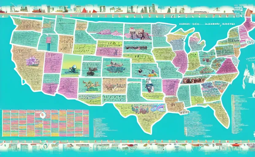 Image similar to hatsune miku across america map, map key, tourist map, brochure