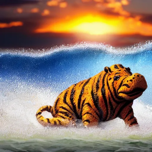 Image similar to a closeup photorealistic photograph of a cute smiling knitted tiger hippopotamus riding an epic wave at sunset. surf in the background. professional capture. brightly lit scene. this 4 k hd image is trending on artstation, featured on behance, well - rendered, extra crisp, features intricate detail, epic composition and the style of unreal engine.