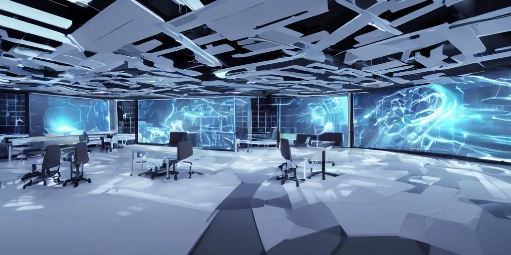 Image similar to stunning futuristic AI lab, projection screens, immersive graphics