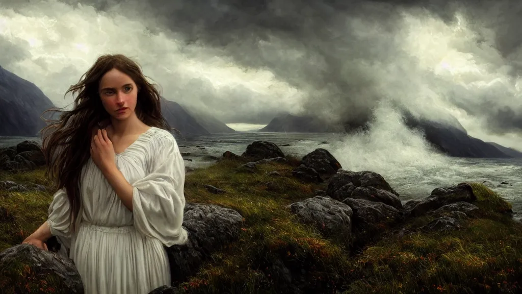 Image similar to mage, norway fjord, extreme close up portrait, hudson river school, max rive, stormy seas, white royal dress, beautiful, bokeh, gentle, female, snowy, storm clouds, god rays, extreme close up portrait, d & d, fantasy, elegant, low key color palette, concept art, roger deakins and greg rutkowski and alphonse mucha