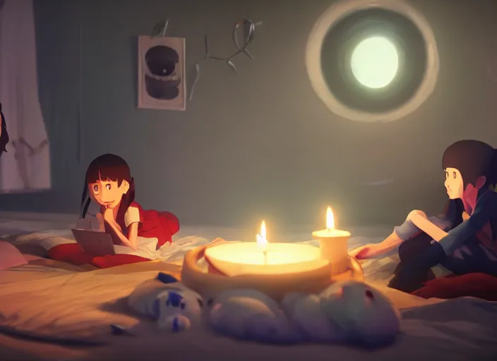 Prompt: a night scary sleepover, being lit by candles, medium shot, studio ghibli, pixar and disney animation, sharp, rendered in unreal engine 5, anime key art by greg rutkowski, bloom, dramatic lighting