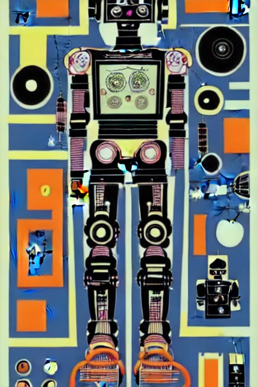 Image similar to a diagram of a robot body with various parts, cyberpunk art by eduardo paolozzi, behance contest winner, computer art, greeble, steampunk, poster art, james turrell, robert rauschenberg, andy warhol, pop art, czechoslovakia, surrealism, milton glaser, graphic design