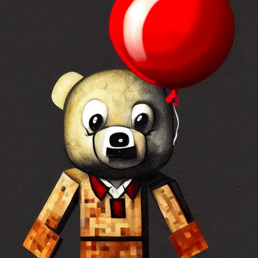Image similar to surrealism grunge cartoon portrait sketch of a teddy bear with a wide smile and a red balloon by - michael karcz, loony toons style, minecraft style, horror theme, detailed, elegant, intricate