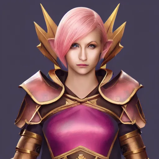 Prompt: beautiful, pink short haired, half elf woman, healer wearing cleric clothing and holding a shield, dungeons and dragons, character portrait, full face render, crimson eye color, 4 k, 8 k, hyper detailed, back lighting