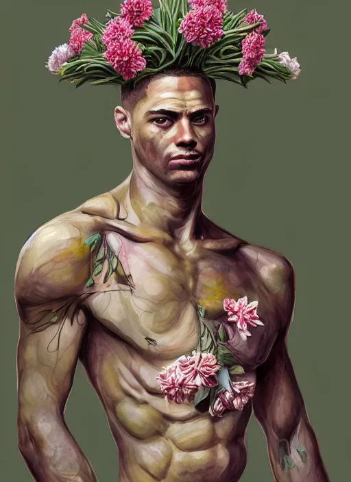 Image similar to handmade character portrait of a serious american soldier man, flowers growing on his body, explosion of amaryllis, hydrangea on his head, chrysanthemum, hyacinth, in the style of artgerm and enki bilal and bastien lecouffe - deharme, wlop, line art, watercolor, cinematic lighting, hyperdetailed, hyperrealistic