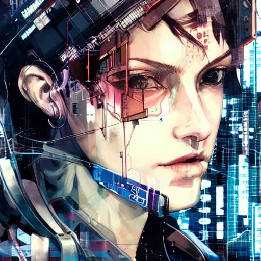 Image similar to a beautiful side portrait of a female cyberpunk hacker, wires, cables, computers, machines. art by yoji shinkawa and sandra chevrier, trending on artstation,