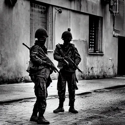 Image similar to realistic ominous soldiers in street, brutalist, cinematic, atmospheric lighting, old photograph, gunfire, muted colors, black white red, bones, banners, directed by villeneuve