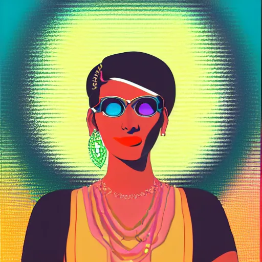 Prompt: a portrait of an indian trans woman, in retro colors, synthwave style, 2 d digital vector art