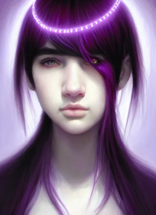 Image similar to portrait of teenage girl with white bangs, red irises, black hair, purple clothes, white bangs, bangs are different color from hair, intricate, front of hair is white rest is black, elegant, glowing lights, highly detailed, digital painting, artstation, concept art, smooth, sharp focus, illustration, art by wlop, mars ravelo and greg rutkowski