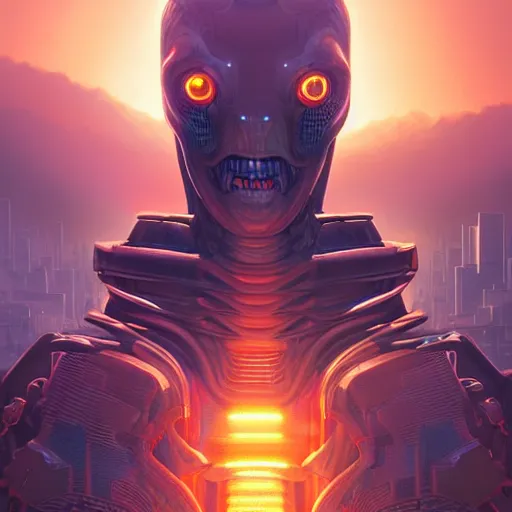 Image similar to exoskeletal robotic demonic creature, glowing, reptilian designed by jony ive in cybercity, golden hour, poster by michael whelan and gilbert williams and evgeny lushpin and artgerm and alena aenami, 3 0 mm, well proportioned, highly detailed, rule of thirds, long exposure