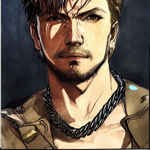 Image similar to portrait of a hero holding his sword in front of his face by yoji shinkawa, high quality, extra details, realism, ornate, colored, golden chain, blood, white skin, short hair, brown eyes, vivid, sunlight, dynamic, american man, freedom, white american soldier, ball point pen