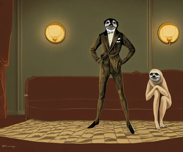 Prompt: sloth anthro as classy 1920s party-goer, dimly lit upscale 1920s speakeasy, relaxed pose, art deco, detailed painterly digital art style by Wes Anderson, retro vibe, furaffinity, 🍸, 8k octane beautifully detailed render, post-processing, extremely hyperdetailed, intricate, epic composition, grim yet sparkling atmosphere, cinematic lighting + masterpiece, trending on artstation, very detailed, vibrant colors, Art Nouveau, masterpiece, romanticism