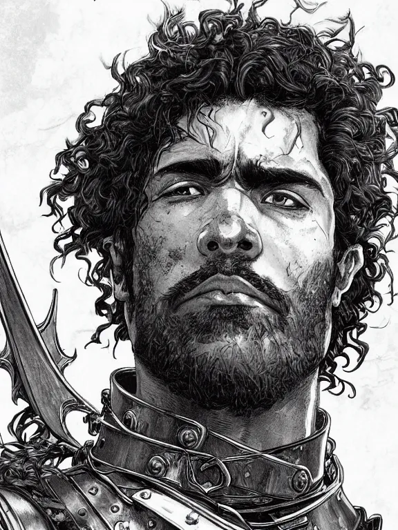 Prompt: close up picture of a male warrior looking at the sky, angry, sad, rugged, black plate armor, simple, brown skin, messy curly hair, unkempt beard, highly detailed, detailed face, smooth, sharp focus, chiaroscuro, manga illustration, artgerm, greg rutkowski, alphonse mucha, young adult light novel cover art