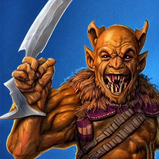 Image similar to full face and body D&D character art illustration of a hobgoblin fighter, by Wayne Reynolds.