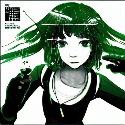 Image similar to Frequency indie album cover, luxury advertisement, green filter, green and black colors. highly detailed post-cyberpunk sci-fi close-up schoolgirl in asian city in style of cytus and deemo, mysterious vibes, by Ilya Kuvshinov, by Greg Tocchini, nier:automata, set in half-life 2, beautiful with eerie vibes, very inspirational, very stylish, with gradients, surrealistic, dystopia, postapocalyptic vibes, depth of field, mist, rich cinematic atmosphere, perfect digital art, mystical journey in strange world, beautiful dramatic dark moody tones and studio lighting, shadows, bastion game, arthouse