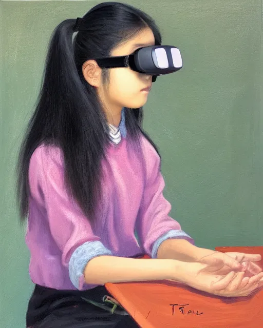 Prompt: a gen z teenage asian girl sitting at a small table, hand combing the hair, wearing vr googles, aged desaturated oil painting by mai trung thu