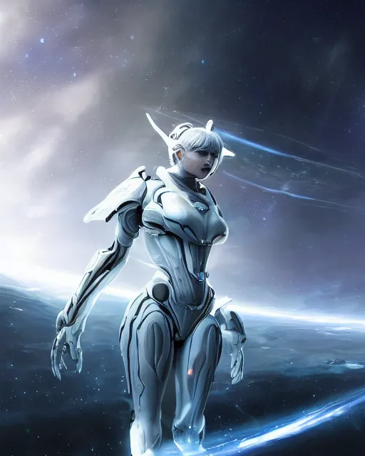 Image similar to photo of a beautiful girl on a mothership, android, warframe armor, pretty face, scifi, futuristic, galaxy, raytracing, dreamy, perfect, aura of light, pure, white hair, blue cyborg eyes, glow, insanely detailed, artstation, innocent look, art by gauthier leblanc, kazuya takahashi, huifeng huang