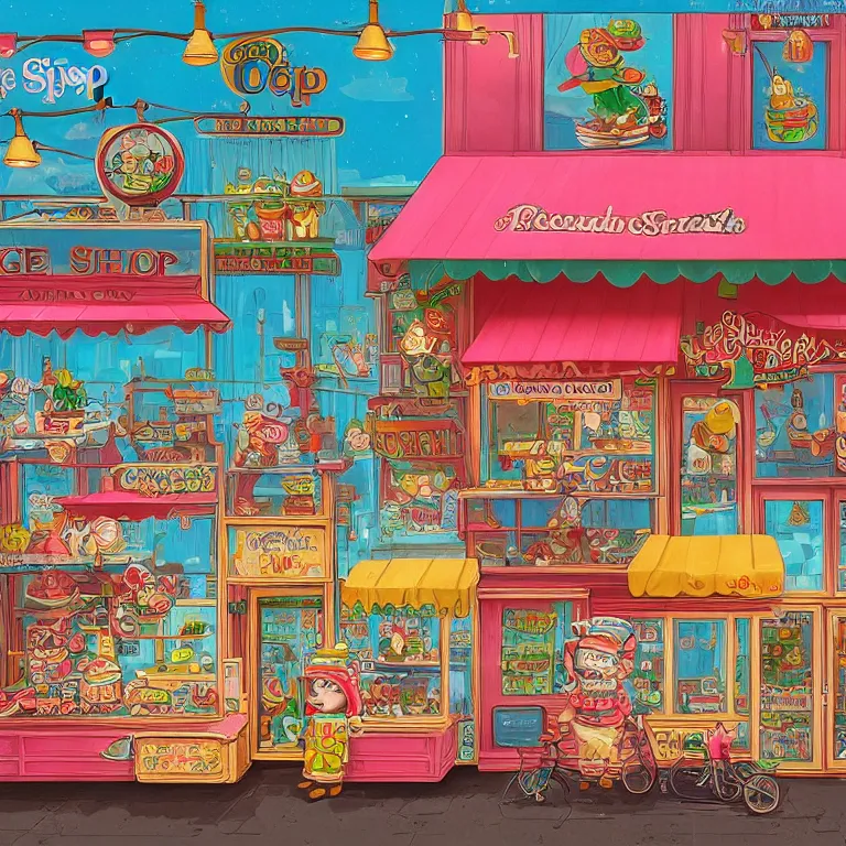 Image similar to ice cream shop, by richard scarry, intricate detail, HD, trending on artstation, fluorescent accents