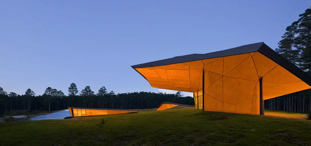 Image similar to faceted roof planes lift and descend creating shade and architectural expression, highly detailed, situated in the forest, next to a highly reflective lake, at dusk, vivid color