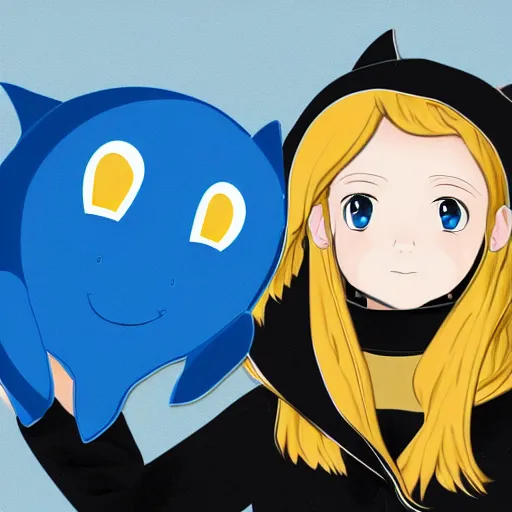 Image similar to a blonde girl in a black hoodie holding a blue-shark-stuffed-animal, anime style digital art