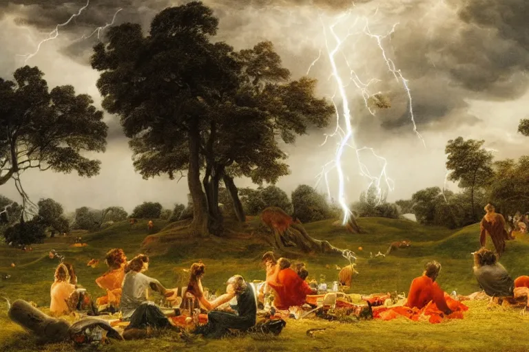 Image similar to a detailed illustration of a god ruining a picnic in the park, nightmare in the park, calamity, dark storms with lightning, ultrawide lens, aerial photography, natural disaster, 8 k, art by pierre - henri de valenciennes and caspar david friedrich and jacob gensler and eugene isabey