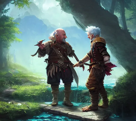 Prompt: fantasy pirate halfling dice gambling with a white haired dwarf next to a shallow creek, oil painting, greg rutkowski, highly detailed, colorful, unreal engine, octane render, dramatic lighting, cinematic composition,