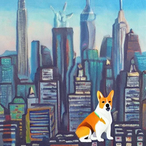 Image similar to giant welsh corgi dog standing over new york city skyline, painting