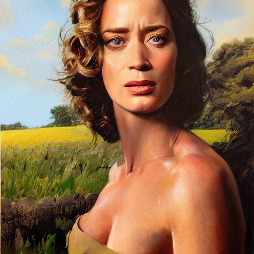 Prompt: ultra realistic portrait painting of john emily blunt as farmer, art by frank frazetta, 4 k, ultra realistic, highly detailed, epic lighting