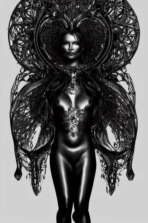 Prompt: a realistic dark photo of a beautiful ancient alien woman goddess kate moss standing in iris van herpen dress jewelery and fractals in style of alphonse mucha art nuvo dmt trending on artstation made in unreal engine 4