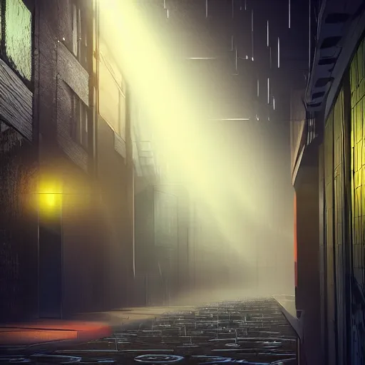 Image similar to futuristic urban city at dusk. figure is obscured by darkness with two bright, shining eyes peering out from the shadows of an alley. cgartist. leading lines. volumetric lighting. god rays.