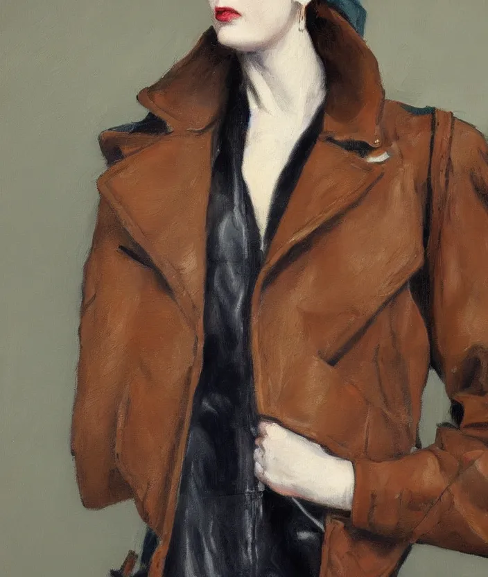 Prompt: a very detailed painting of an 8 0 s jacket with big shoulder pads, very aesthetic leather jacket, detailed closeup of leather jacket, front view, very fashionable, in the style of edward hopper and oswald hornby joseph birley and susan ryder, very small brushstrokes, 4 k,