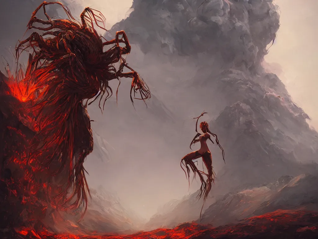 Image similar to An epic fantasy style portrait painting of a hideous woman with giant spider legs and hair needles crawling out of a volcano, illustration, detailed, award-winning, trending on artstation, 4k by Anato Finnstark, by Bayard Wu