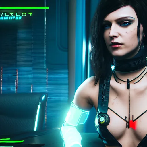 Prompt: female V from Cyberpunk 2077 wearing spiked choker, collar, choker, punk, collar, 4K, realistic, futuristic, neon,
