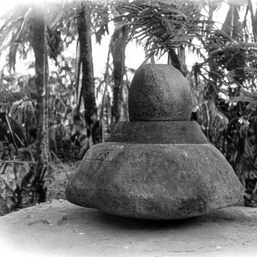 Prompt: a rizom lost film footage of a sacred ( ( ( ( ( ( ( indigenous ) ) ) ) ) ) ) artifact in the middle of the ( ( ( ( ( ( ( ( ( ( tropical jungle ) ) ) ) ) ) ) ) ) ) / ethnographic object / film still / cinematic / enhanced / 1 9 0 0 s / black and white / grain