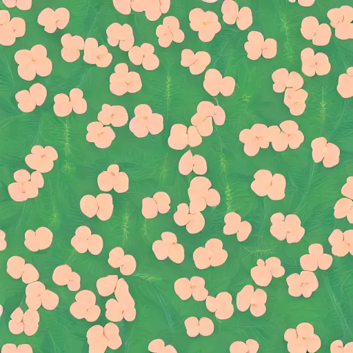 Image similar to repeating fabric pattern, minimalistic, miniature tiny peach color flowers, green vines and leaves