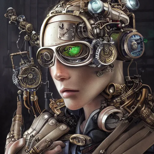 Prompt: portrait painting of a steampunk cyborg criminal, transhumanism, ultra realistic, concept art, studio ghibli, intricate details, eerie highly detailed